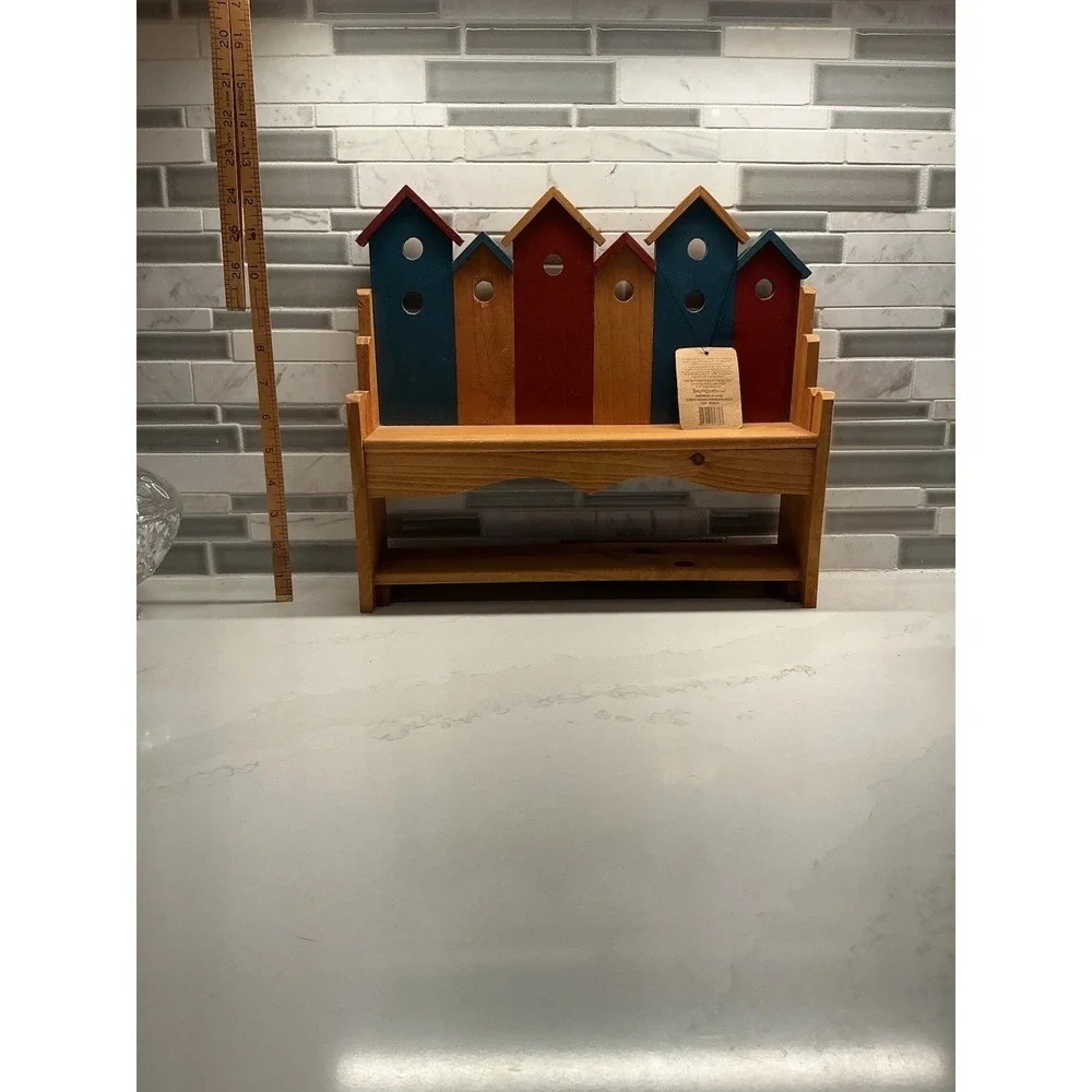 Boyds Wooden Birdhouse Bench Decorative Collectible Brown Blue Red